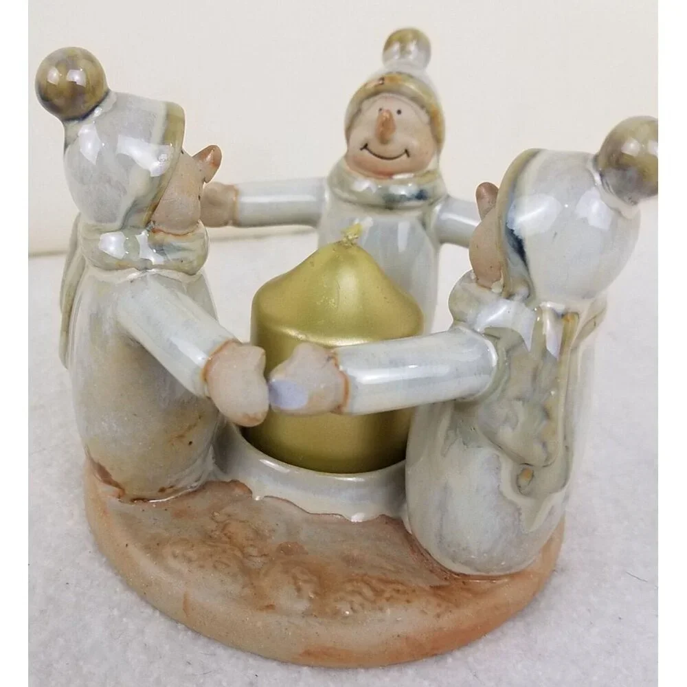 Ceramic circle‎ three snowmen friends candle holder votive glazed Winter holiday